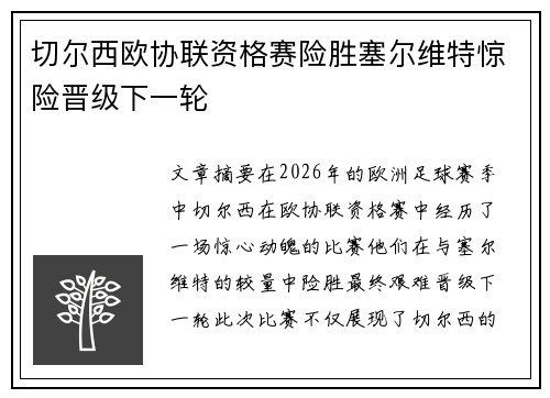 切尔西欧协联资格赛险胜塞尔维特惊险晋级下一轮