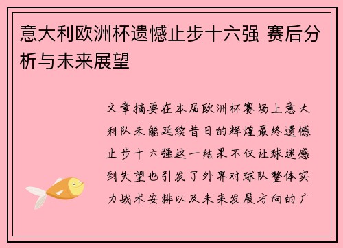 意大利欧洲杯遗憾止步十六强 赛后分析与未来展望